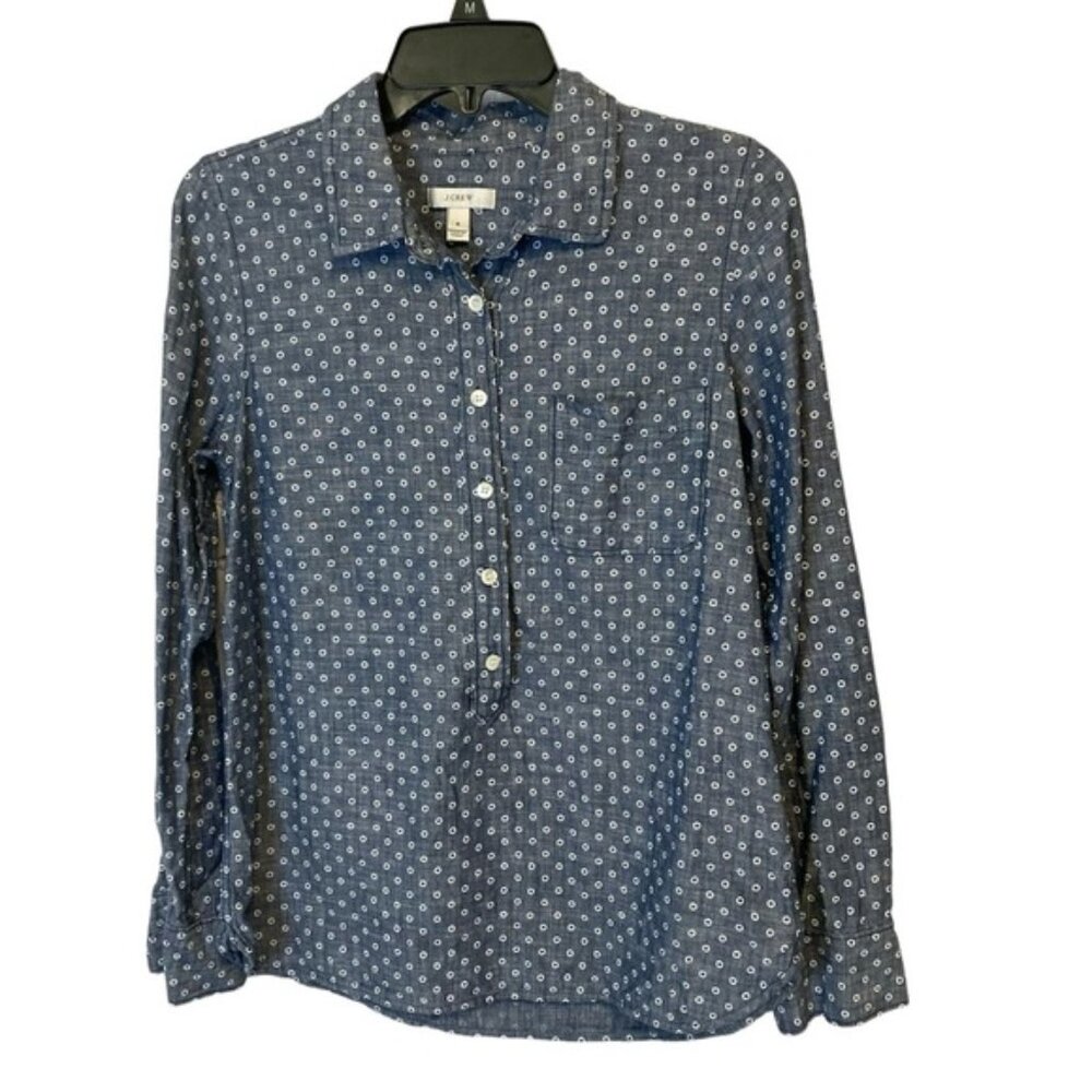 J. Crew blue and white geo print all cotton preppy button up size 6 ladies